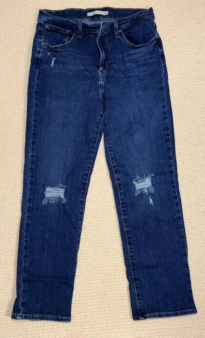 Levi's 724 High Rise Straight Crop Jeans Size 29 Distressed Blue Denim